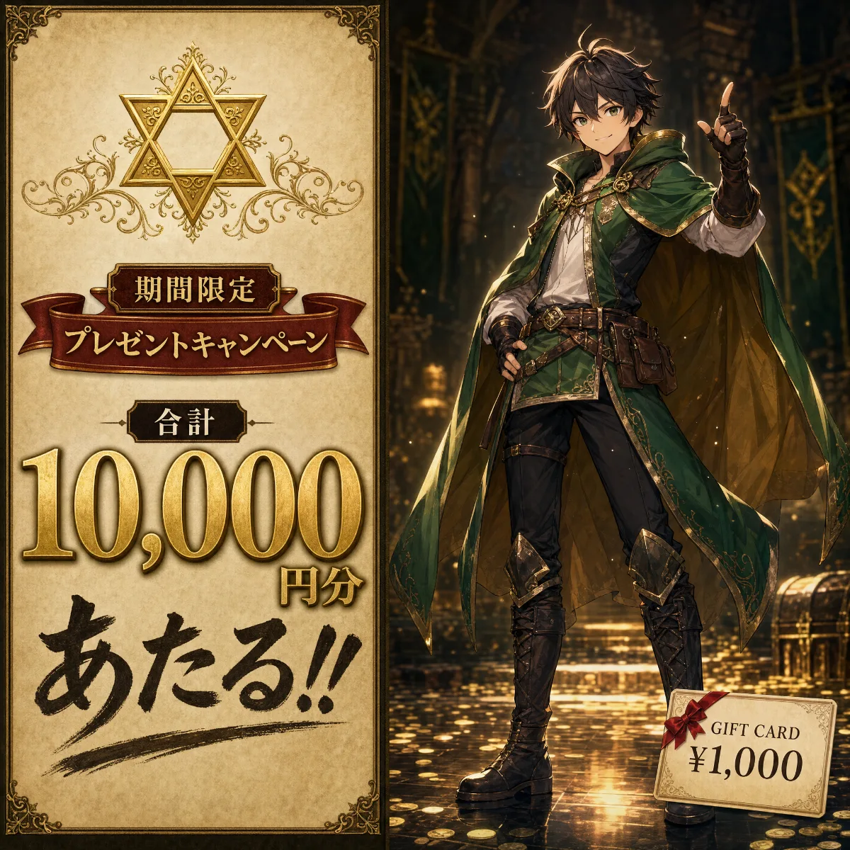 少年の立ち絵に、「期間限定 プレゼントキャンペーン」「合計 10,000 円分あたる!!」の見出しと、1,000 円のギフトカードを重ねた画像