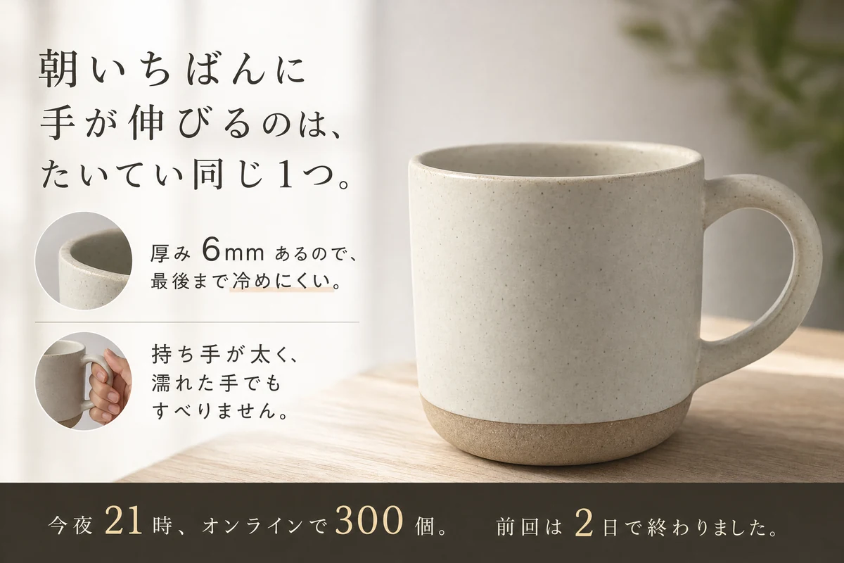 マグカップの写真に「朝いちばんに手が伸びるのは、たいてい同じ1つ。」の見出しと、厚み6mm・持ち手の太さの2点、下部に「今夜21時、オンラインで300個。前回は2日で終わりました。」の帯を重ねた画像